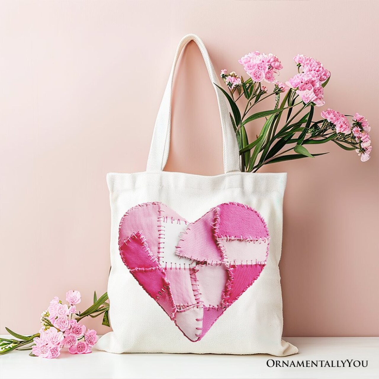 Patchwork-Style Pink Heart Canvas Tote Bag, Vintage Valentine Coquette Love Printed Gift Bag